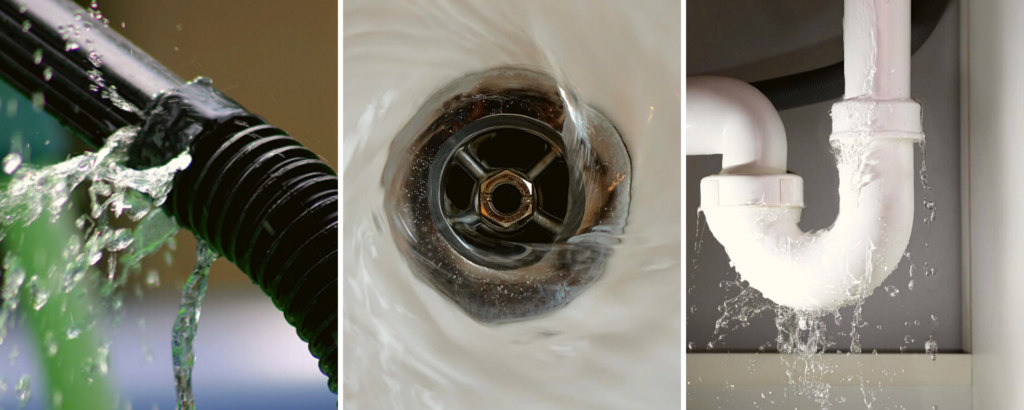Composite of 3 images - leaking hose, water in plug hole, leaking pipe